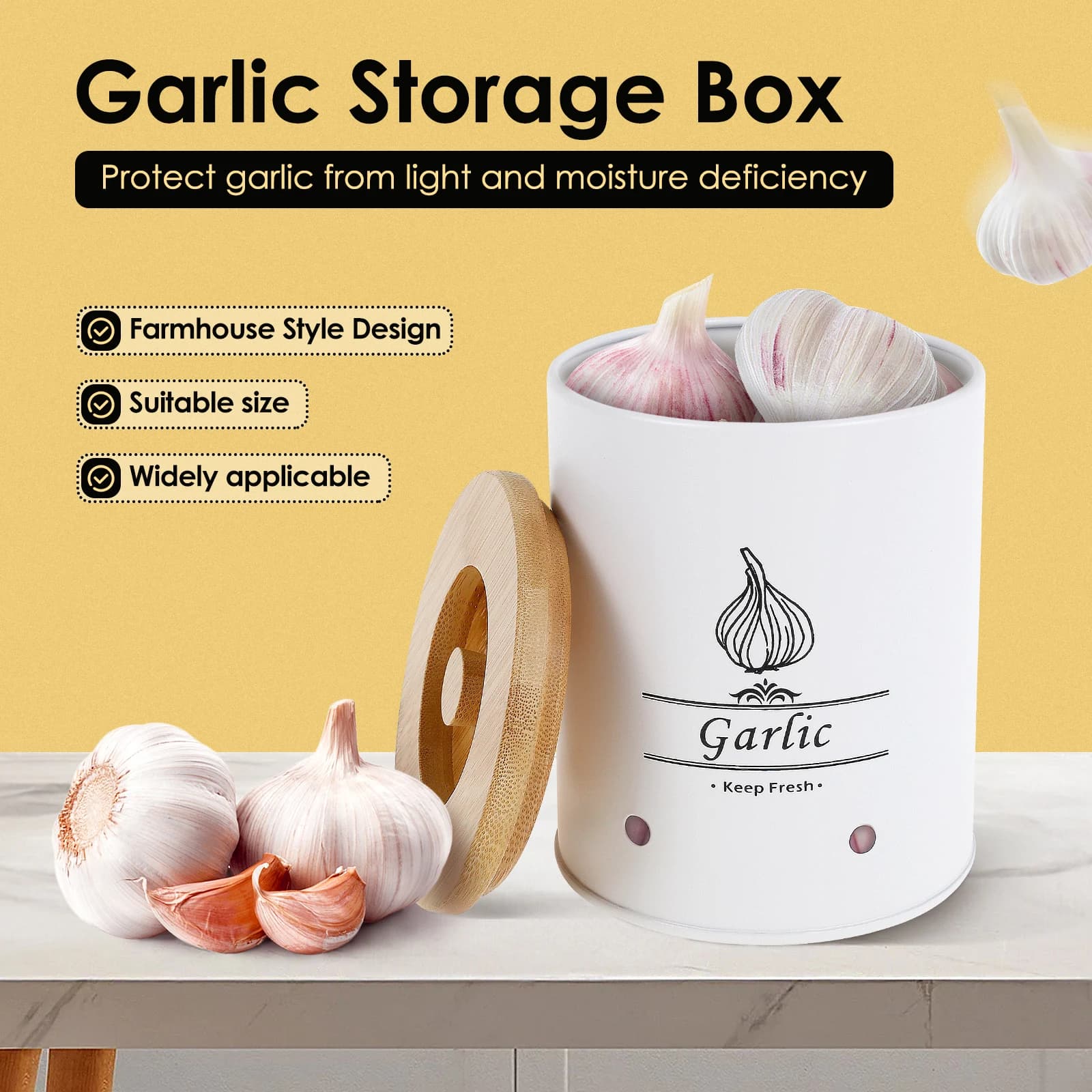 Pot de rangement pour gardien d'ail, boîte de rangement polyvalente pour oignon, pomme de terre, ail avec couvercle en bois, récipients alimentaires avec trous d'aération pour la maison