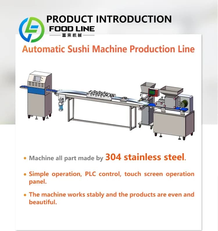 Ligne de production commerciale de sushis équipée d'une machine stable de formage de rouleaux de sushi pour travailler