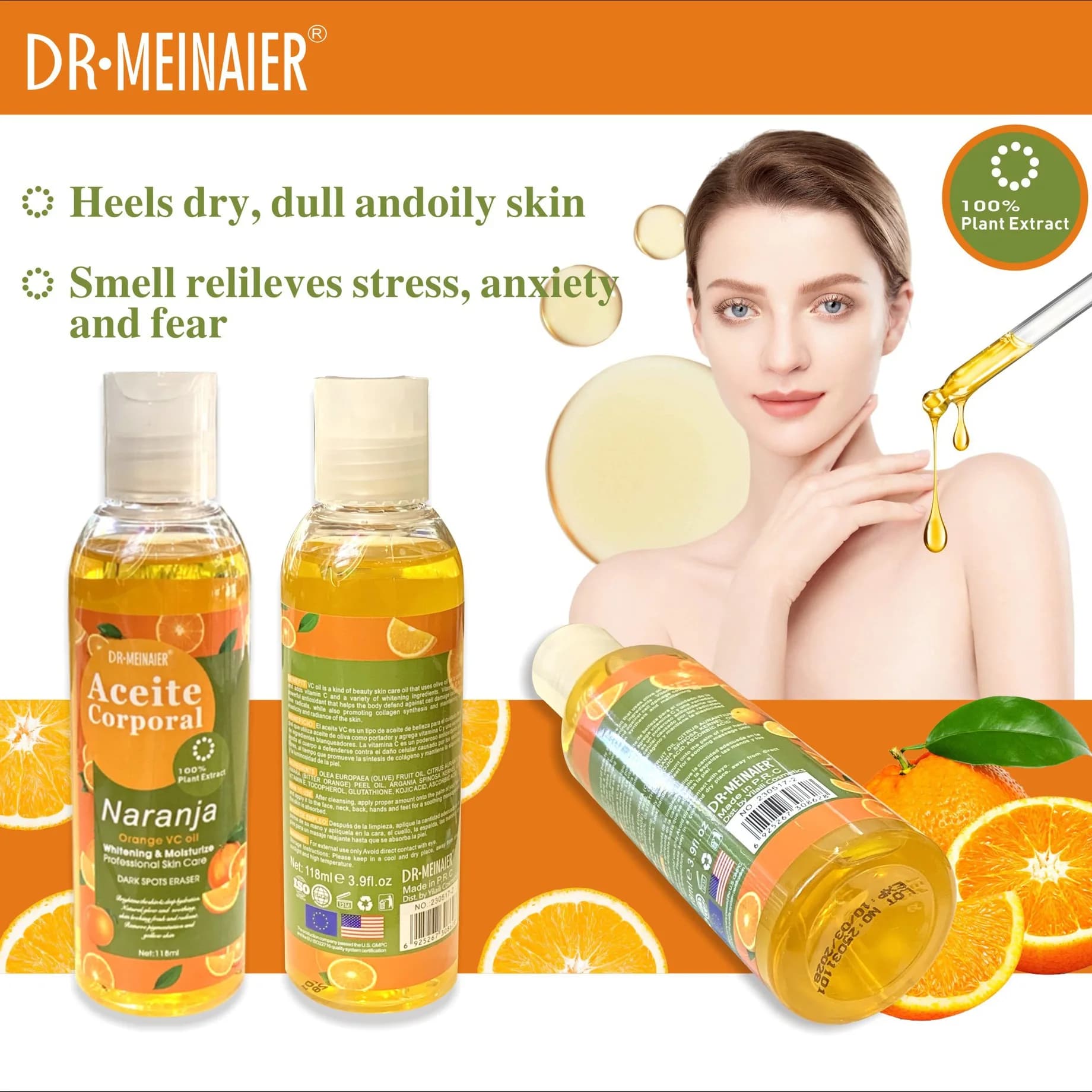 Huile de massage hydratante éclaircissante à l'orange VC 118 ml avec vitamine E
