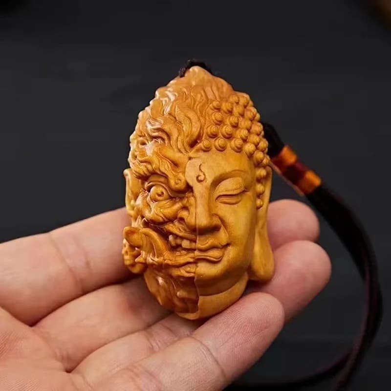 Diable Satan bouddha divinité tête sculptée en bois massif homme cadeau merveilleux Statue sculptée origine jaune Statue en bois