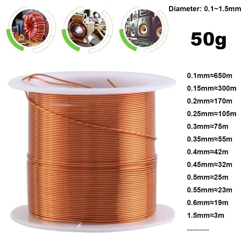 1 à 3 rouleaux de fil de cuivre de 50g, câble de 0.1 ~ 1.5mm, fil de cuivre magnétique, fil de cuivre laqué, fil de cuivre émaillé