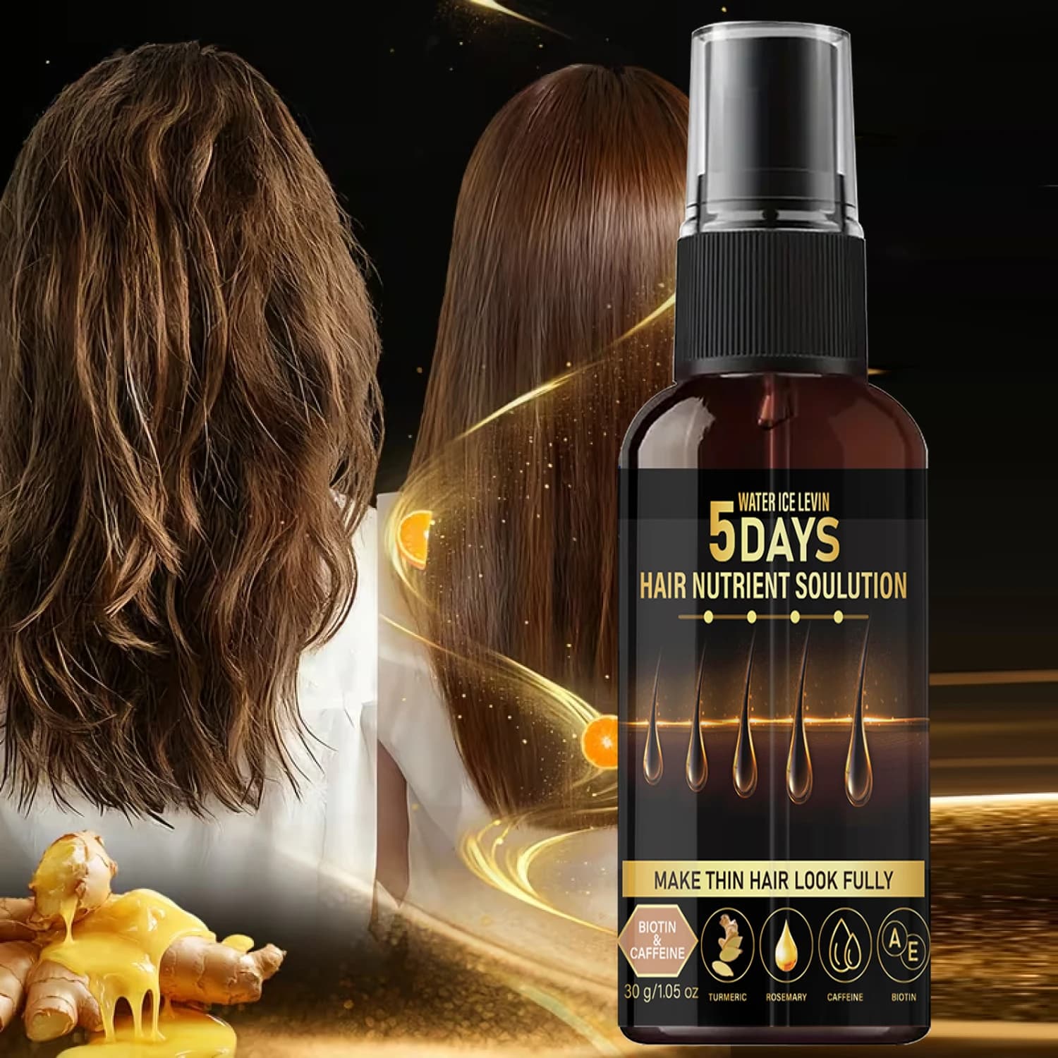 Huile capillaire à la biotine et à la caféine - Infusée à la rosemaine et au curcuma, solution nutritive pour cheveux en 5 jours pour des cheveux plus épais
