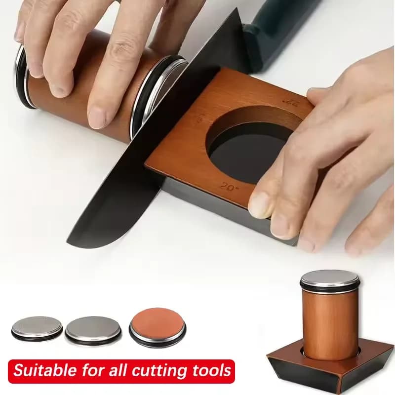 Kit d'affûtage de couteaux à roulettes - Base magnétique à 4 angles, 4 disques de différentes granulométries et étui en cuir
