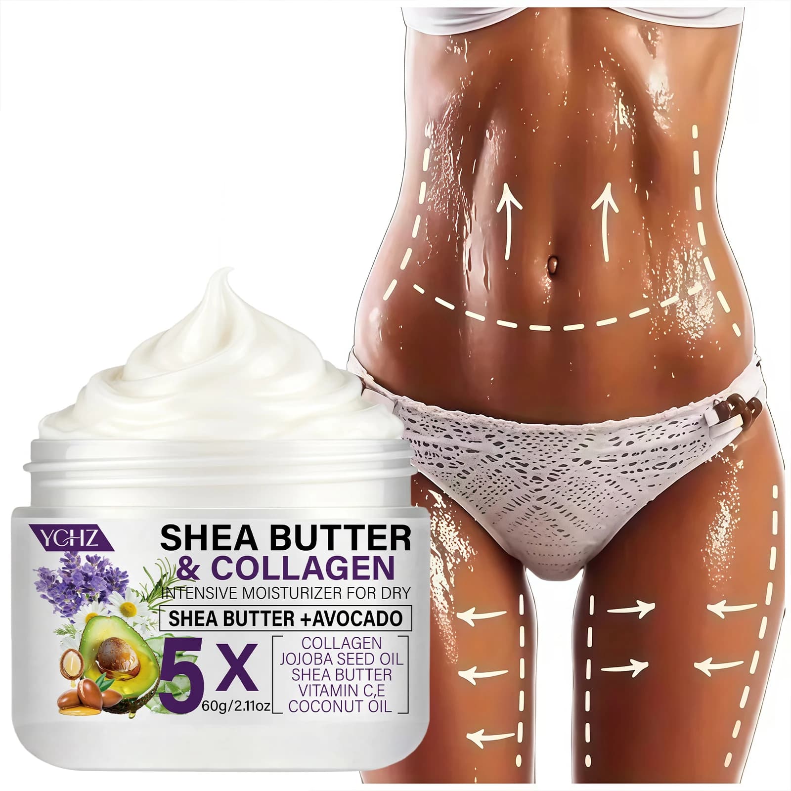 Crème raffermissante au beurre de karité et au collagène, crème raffermissante beige clair, adaptée aux cuisses, aux fesses, aux bras, à l'abdomen - et lotion pour le corps - 60G