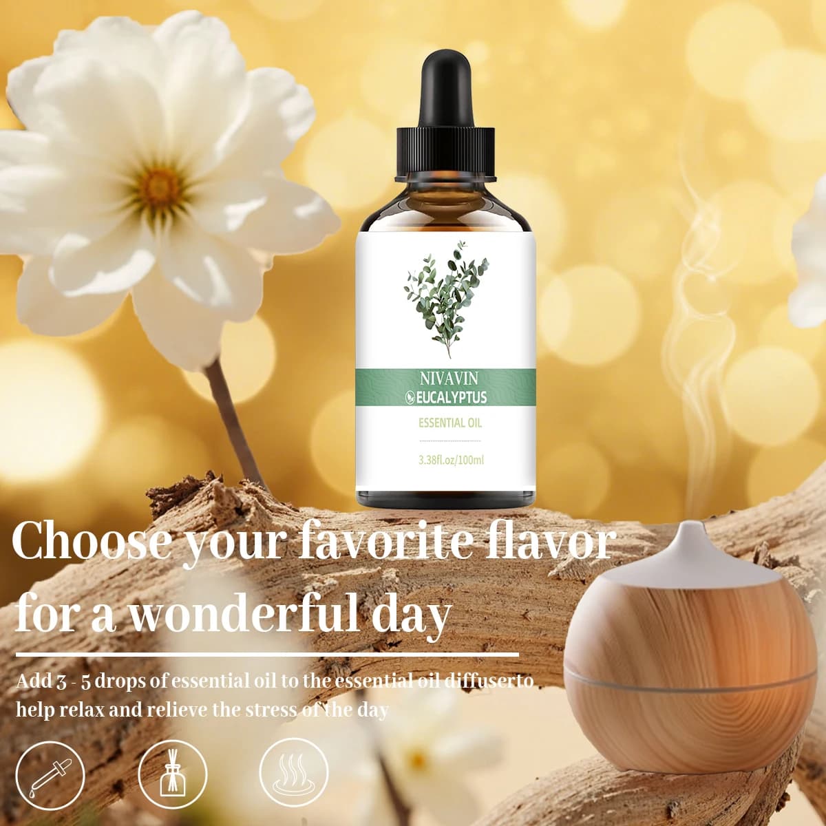 Huile essentielle d'eucalyptus 30 ml/60 ml/100 ml, extrait de plante 100 % pur, parfum frais et fruité, fragrance longue durée