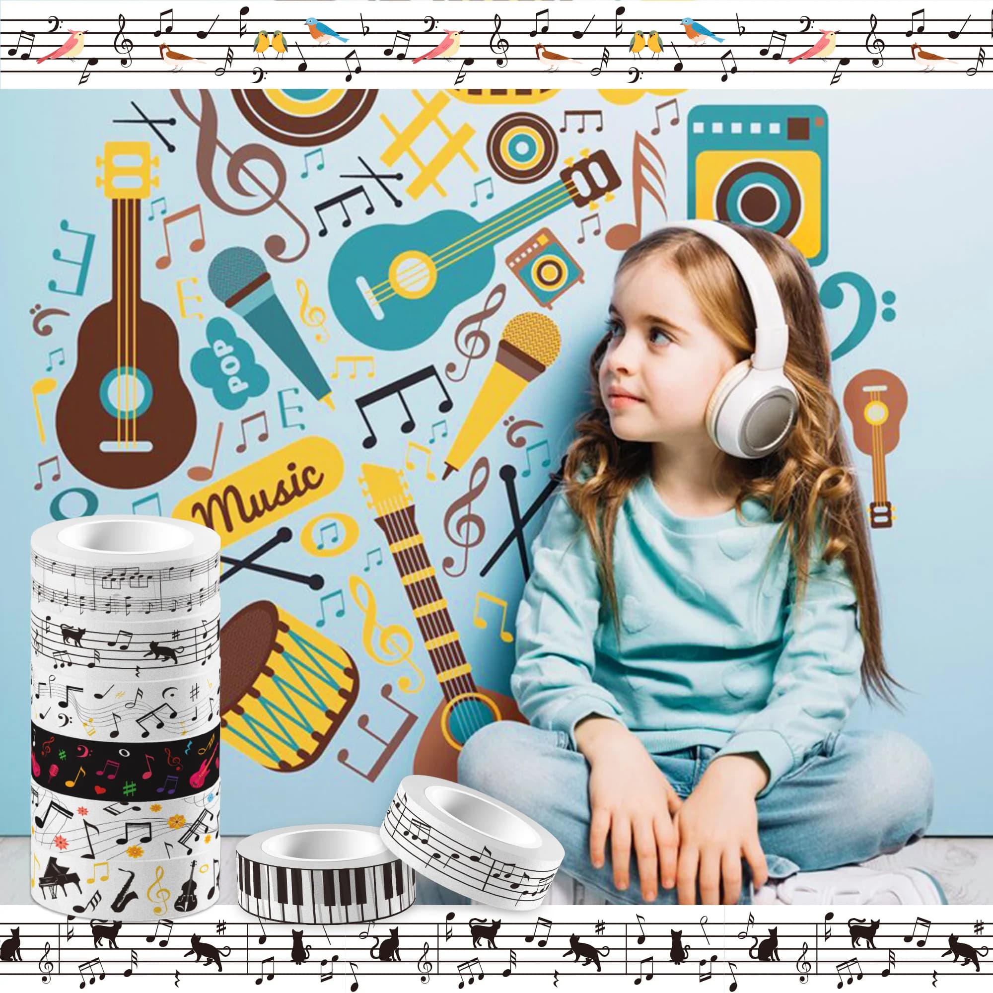 12 rouleaux de ruban Washi musical, ensemble de notes musicales, touches de guitare, Piano, rubans de masquage décoratifs F3024