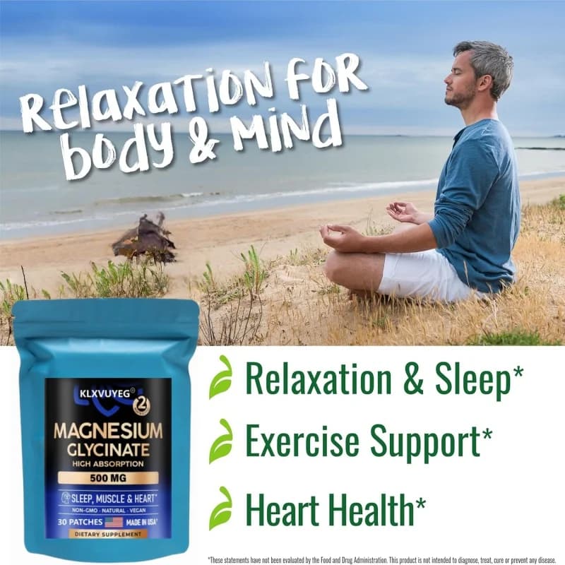 Glycinate de magnésium 500 mg - Complément avec Vitamine D3 et B6 - Chélaté - Favorise un sommeil réparateur, la santé musculaire et cardiaque, 30 patchs