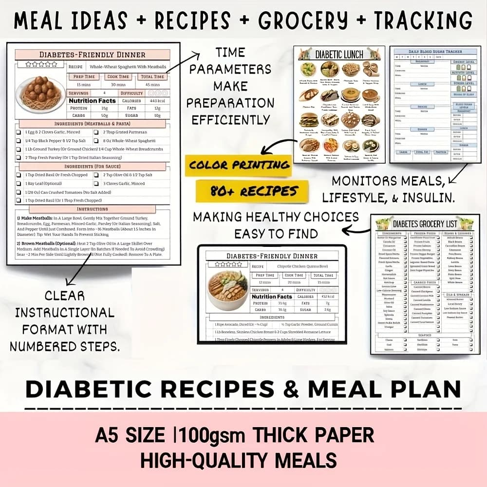 Plan repas diabétique A5 de 91 pages avec recettes, liste des aliments pour diabétiques et planificateur de repas, tableau des aliments pour diabétiques de type 2