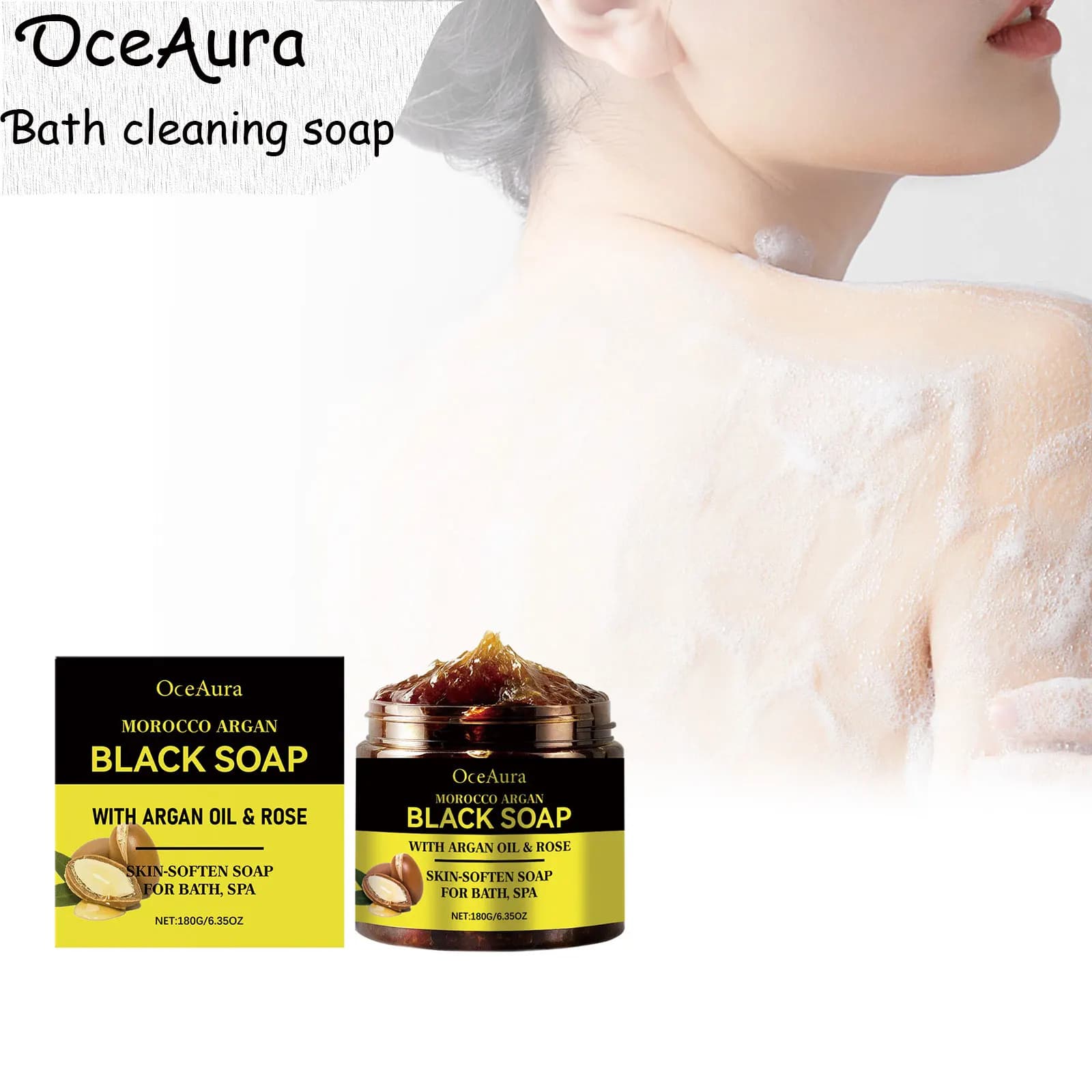 OceAura 180g Savon noir à l'argan marocain Nettoyage en profondeur et hydratant longue durée Exfoliation douce et peau lisse