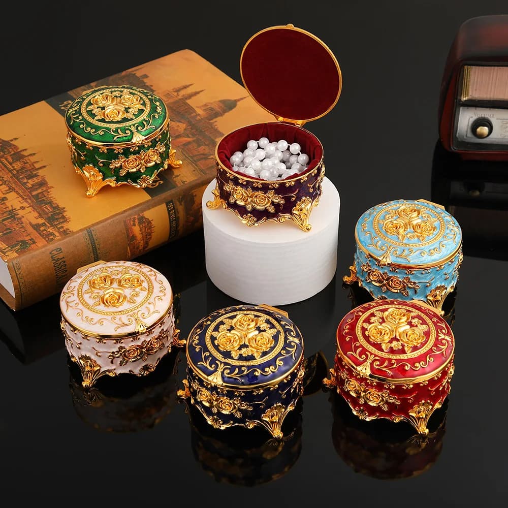 Boîte d'emballage de bijoux en émail vintage, document exquis, rose