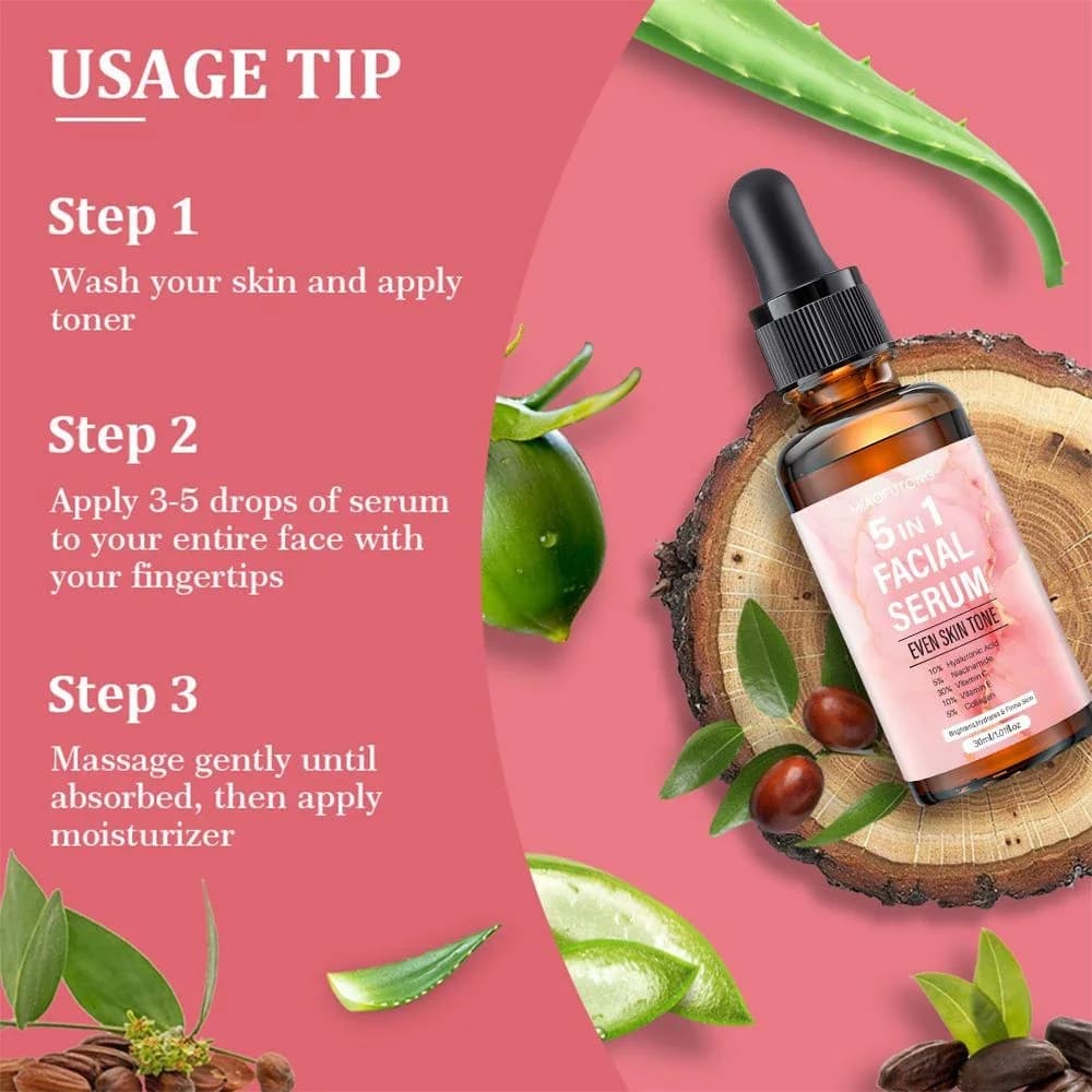Sérum anti-âge 5 en 1 avec 30% de vitamine C, 10% d'acide hyaluronique, 5% de niacinamide pour éclaircir et hydrater tous les types de peau