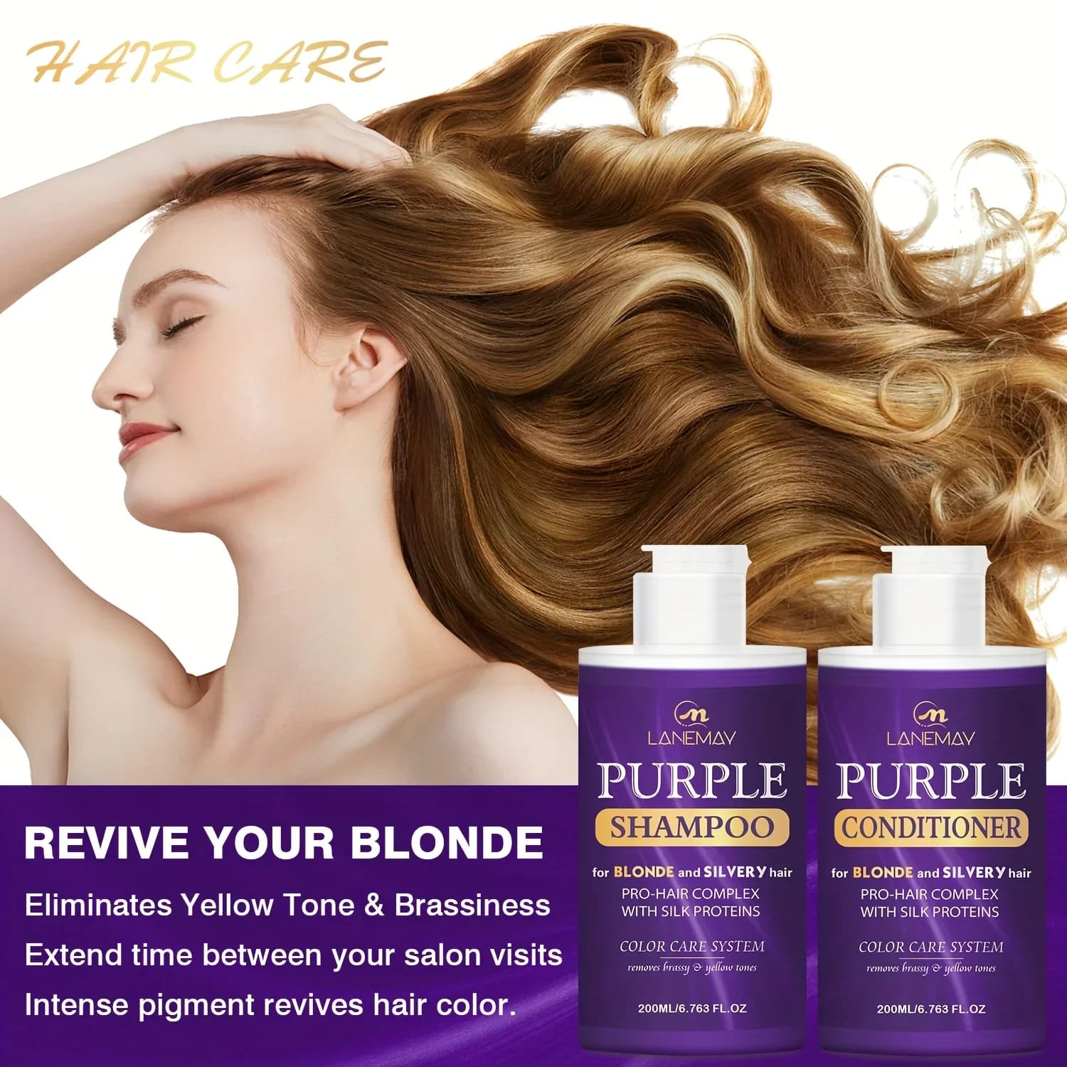 Ensemble shampoing et après-shampooing violet pour cheveux blonds, argentés ou bruns mis en évidence - hydrate et neutralise le ton jaune brassy
