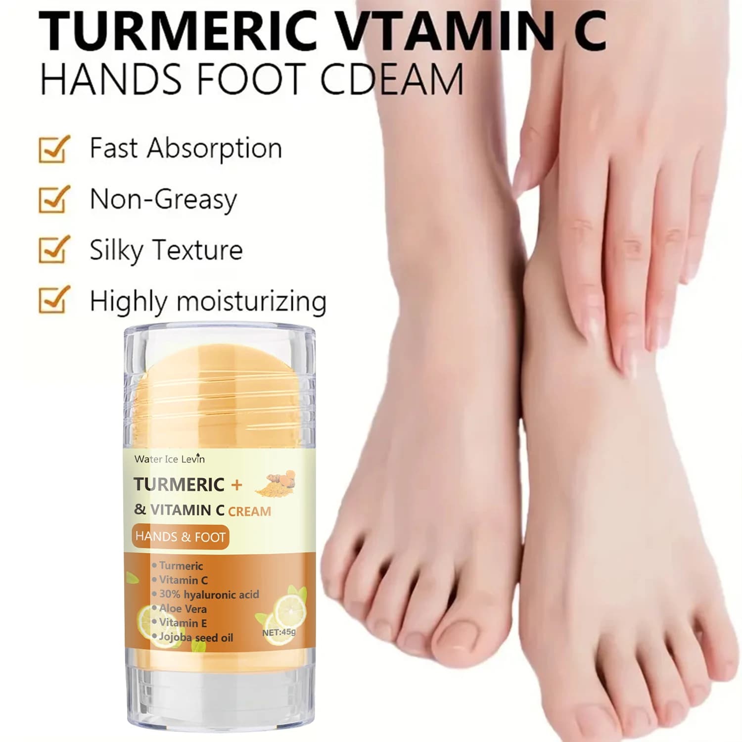 Crème Mains et Pieds au Curcuma et Vitamine C 45g avec Acide Hyaluronique, Aloe Vera et Huile de Jojoba - Hydratante pour Peaux Sèches