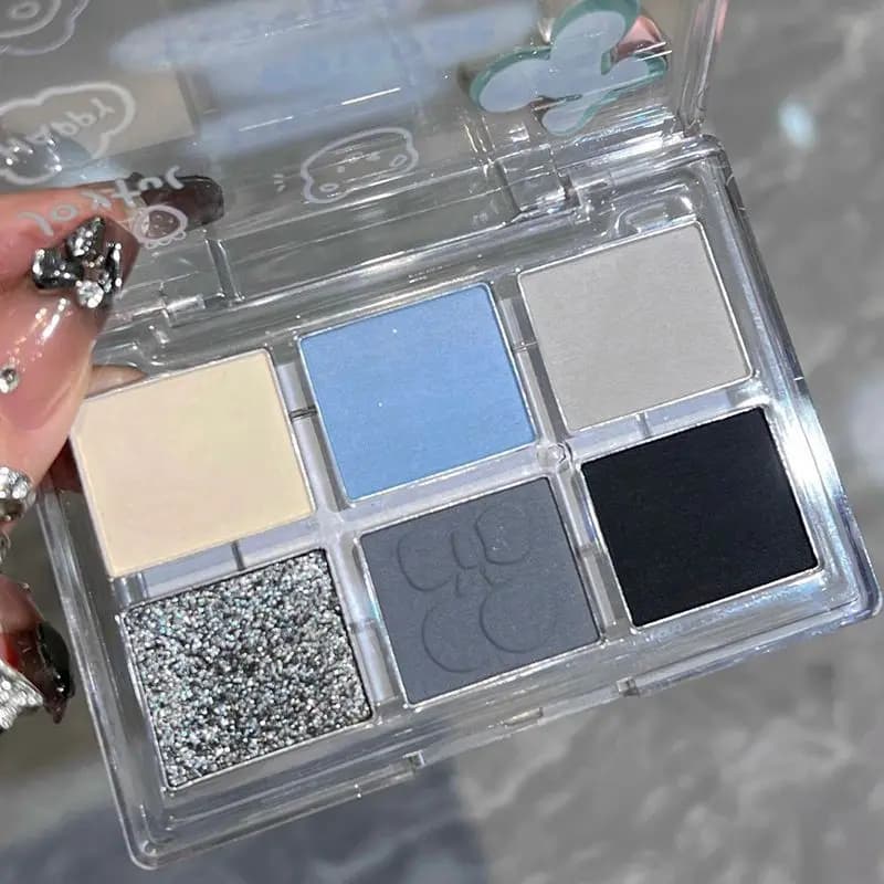 Palette de fards à paupières fumés, gris mat, bleu, 6 couleurs, paillettes argentées, acrylique, maquillage longue durée, cosmétiques