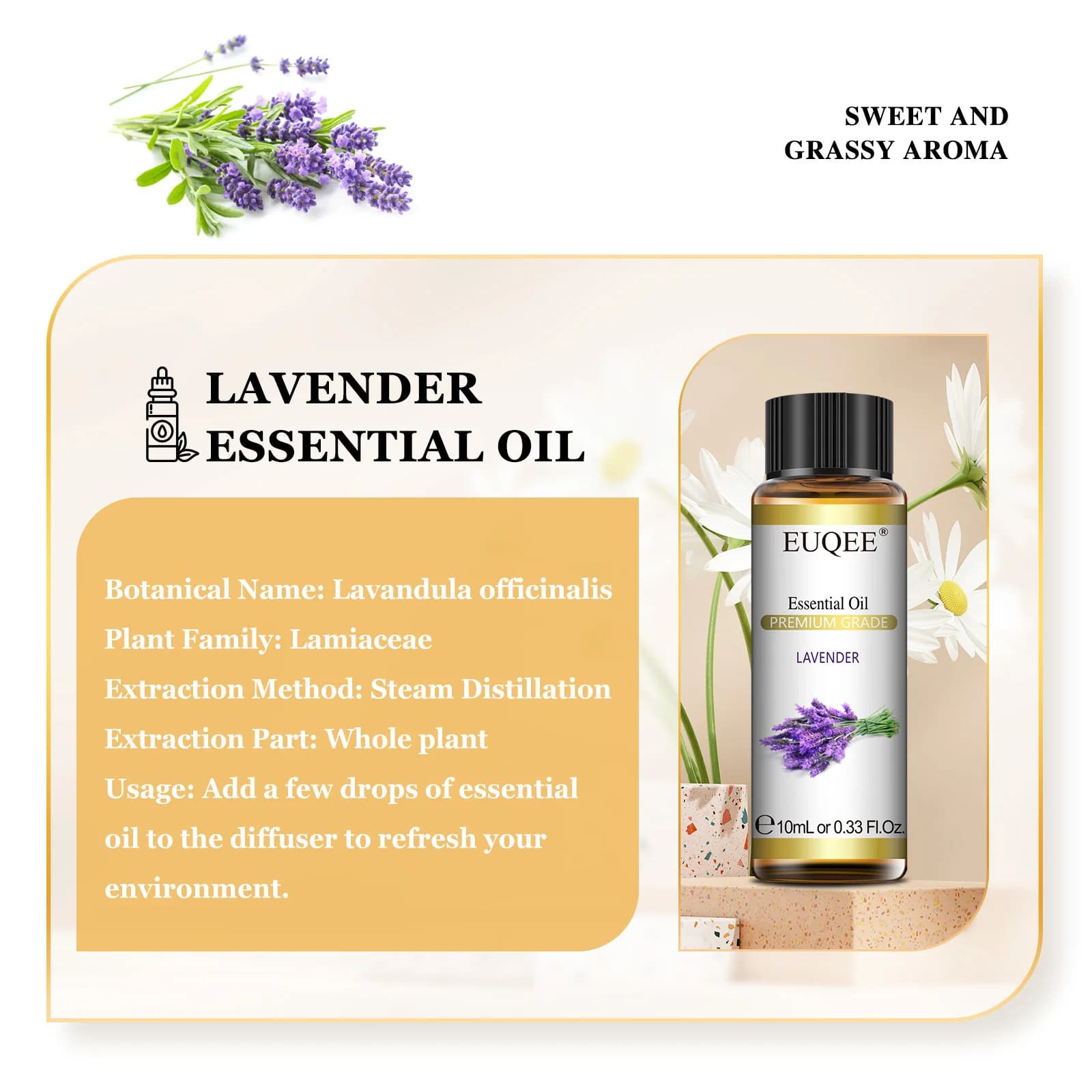 EUQEE 10ml Huile Essentielle Naturelle Pure Lavande Jasmin Eucalyptus Vanille Bois de Sandal Orange Citron Oregano Rose Bois de Cèdre Cannelle Citronelle Parfum