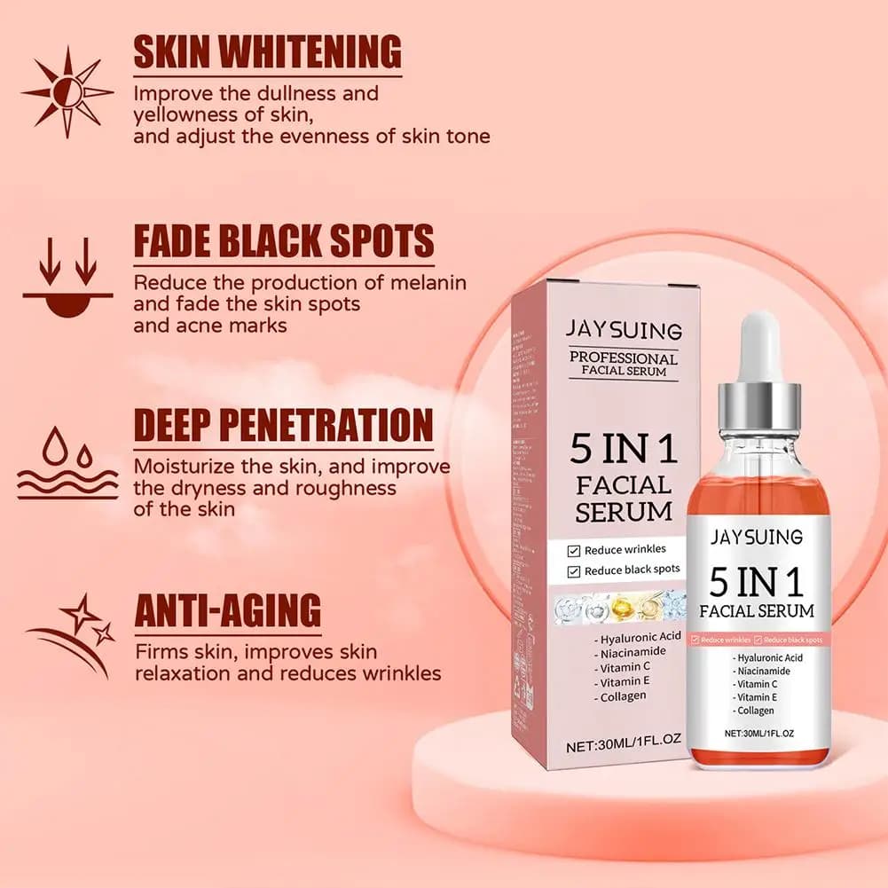 Sérum pour le visage raffermissant 5 en 1, estompe les ridules, hydratant, éclaircissant, vitamine C, acide hyaluronique, rétrécit les Pores, soins pour la peau
