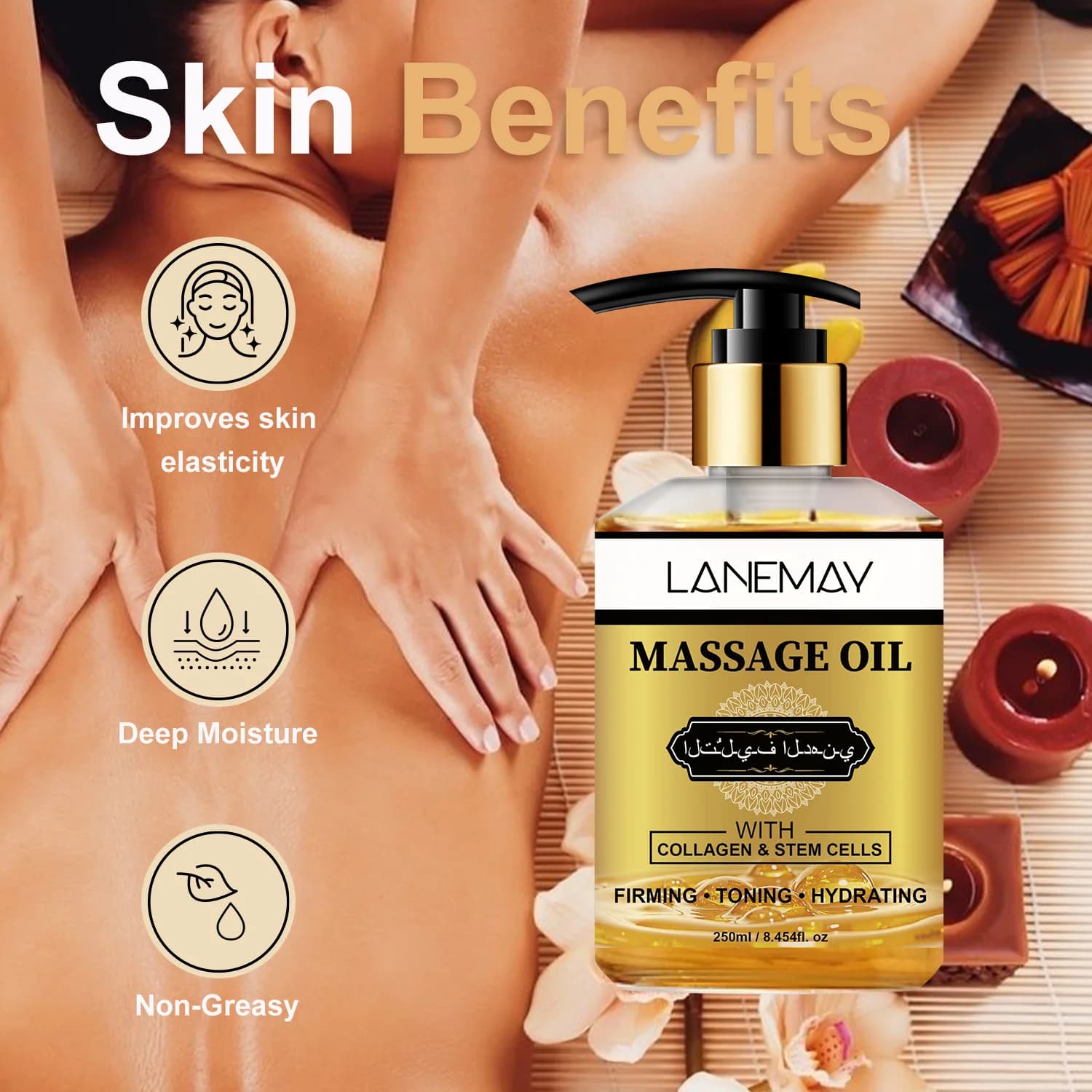L'huile de massage contenant du collagène resserre et hydrate la peau, soulage la tension musculaire et réduit le stress pour la relaxation