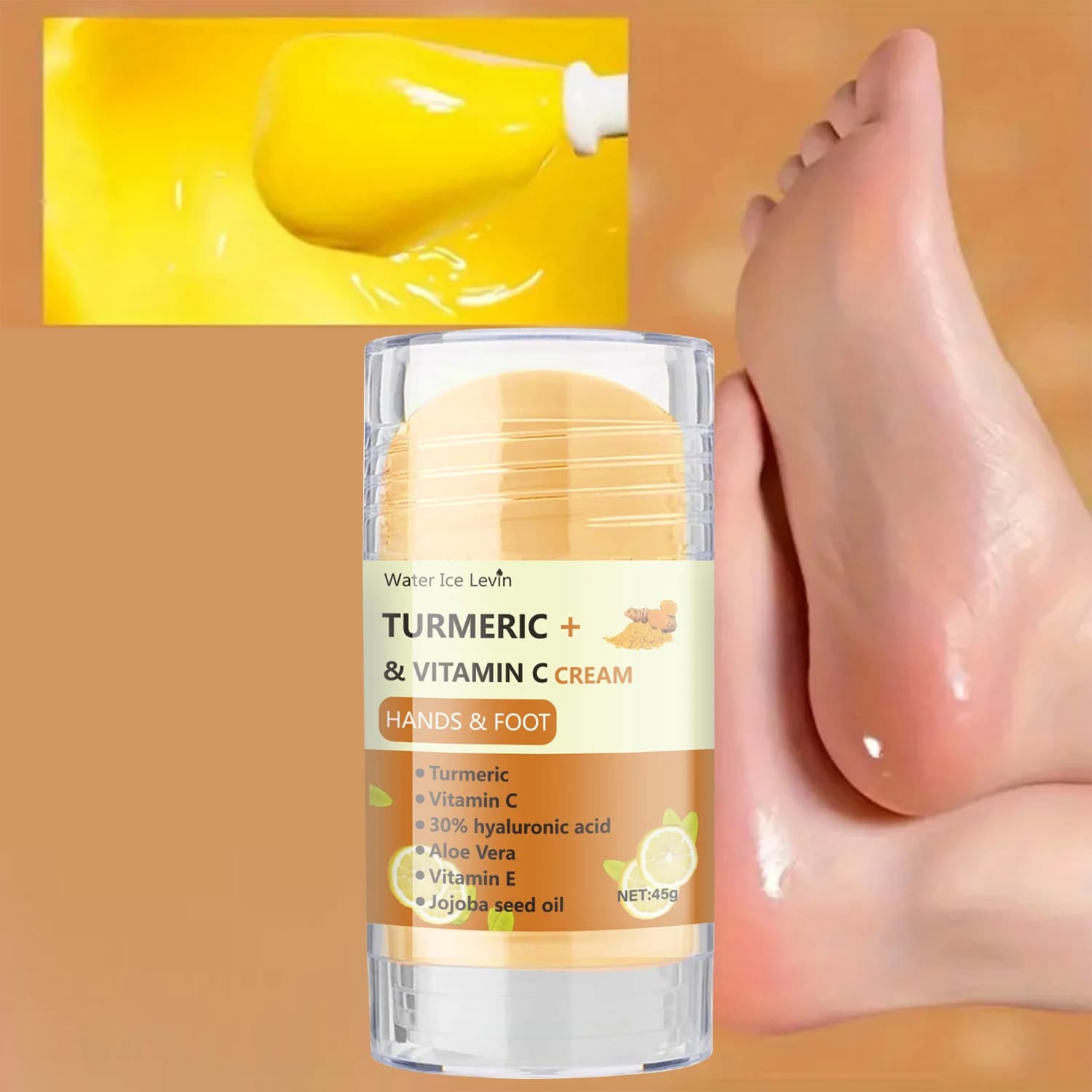Crème Mains et Pieds au Curcuma et Vitamine C 45g avec Acide Hyaluronique, Aloe Vera et Huile de Jojoba - Hydratante pour Peaux Sèches