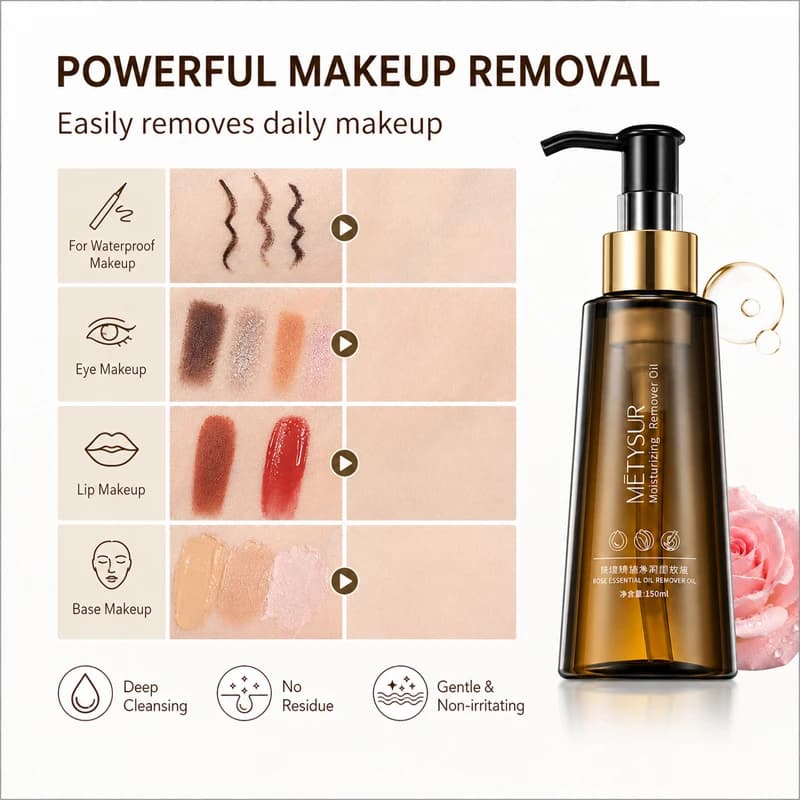 Démaquillant à l'huile essentielle de rose 150ml, huile nettoyante en profondeur, nettoyant doux pour le visage, les yeux et les lèvres, démaquillant waterproof