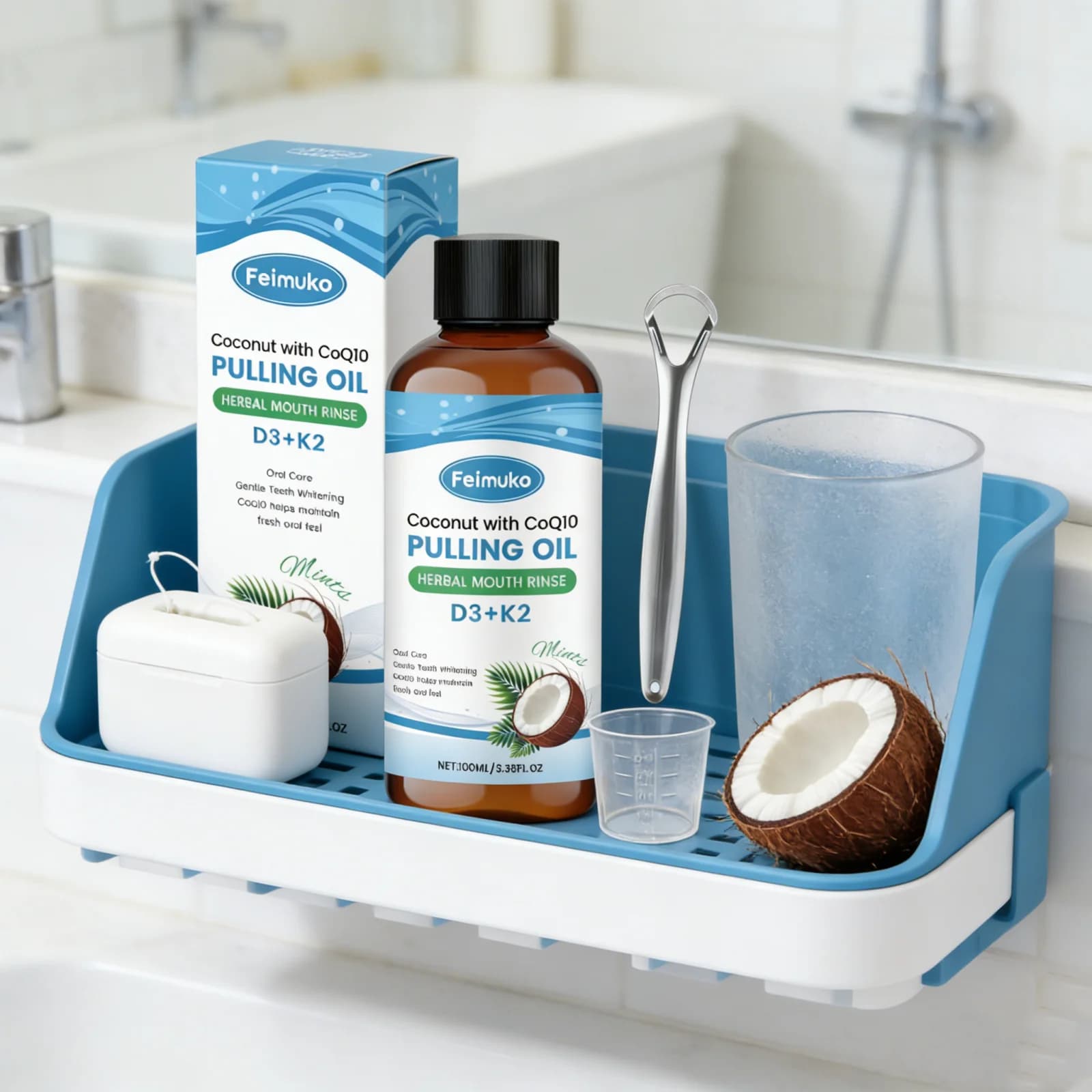 Kit de Bain de Bouche à l'Huile de Coco avec Grattoir à Langue