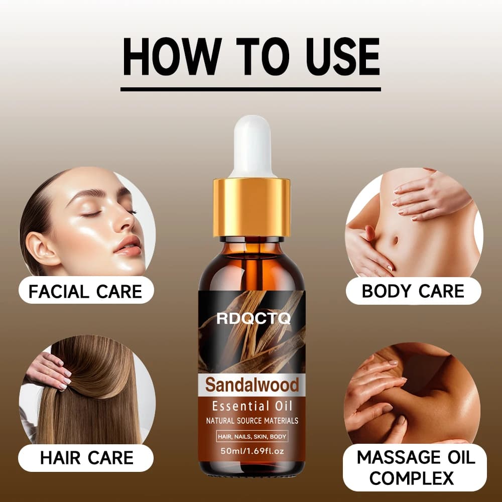 RDQCTQ Huile essentielle de bois de santal : huile naturelle biologique pour cheveux, ongles, peau, corps, sérum hydratant pur pour soins d'aromathérapie
