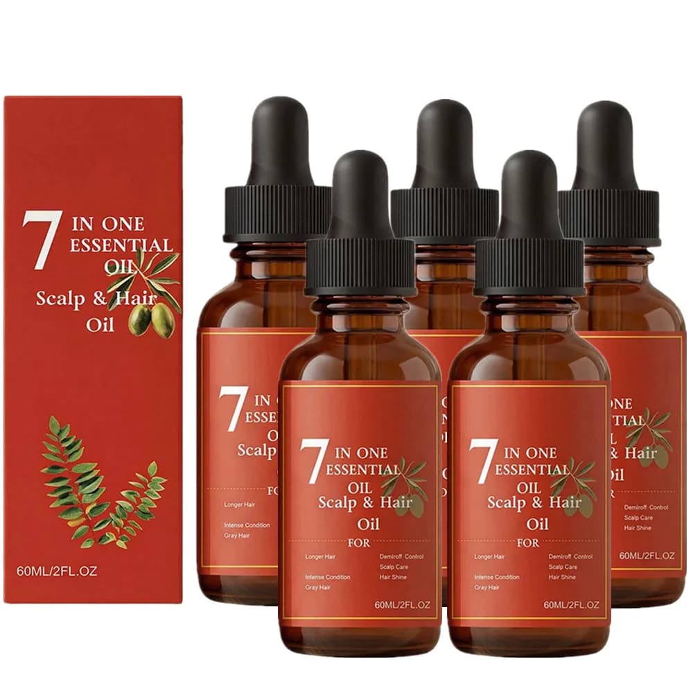 1-5X 60ml Huile essentielle 7-en-1 pour le cuir chevelu et les cheveux – Traitement nourrissant pour des cheveux plus longs, plus forts et brillants, anti-chute de cheveux