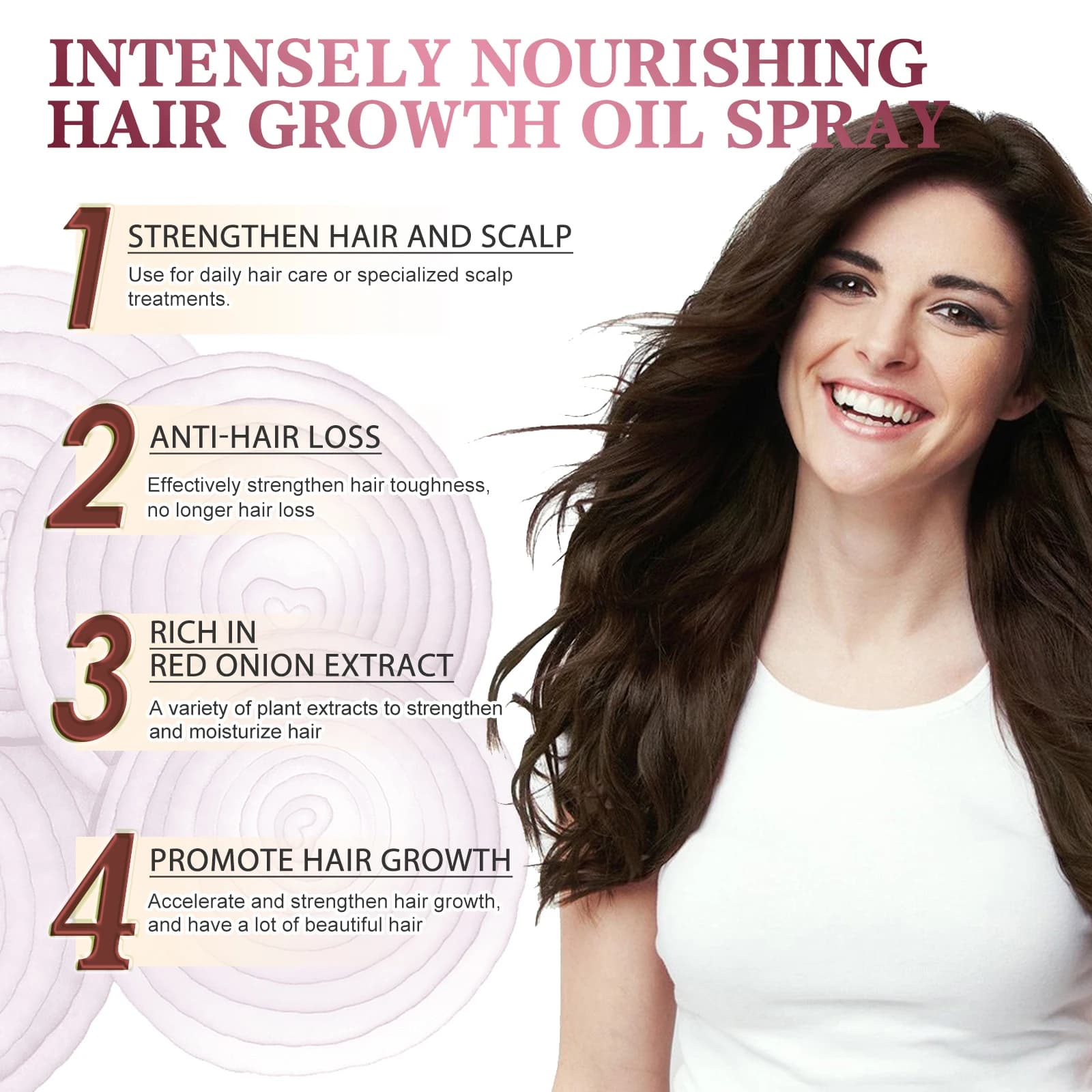 Huile essentielle pour la croissance des cheveux à l'oignon rouge, spray pour soins capillaires, prévient la perte de cheveux, nourrit les racines des cheveux, améliore la texture des cheveux, produit
