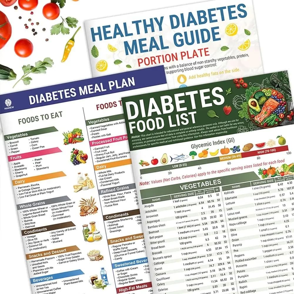 Liste des aliments pour le diabète, 3 pièces, tableau des aliments pour diabétiques, Brochure, tableau d'information pour le diabète, planificateur de repas à faible teneur en carburateur de vitamines