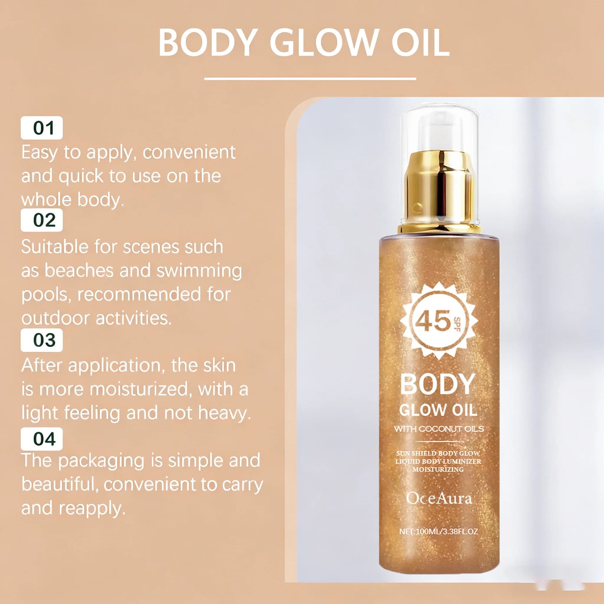 Huile Corporelle Scintillante à la Noix de Coco avec Protection Solaire UV, Huiles Solaire Légères et Imperméables, Non Grasses, pour la Plage, l'Été et les Activités de Plein Air