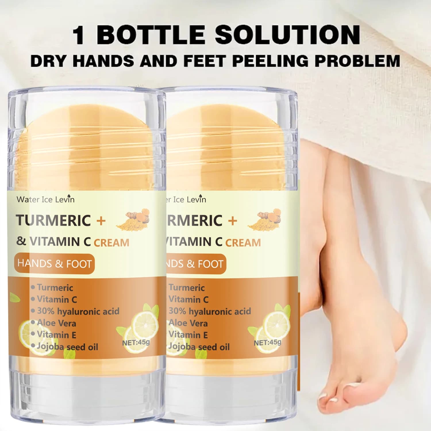 Crème Mains et Pieds au Curcuma et Vitamine C 45g avec Acide Hyaluronique, Aloe Vera et Huile de Jojoba - Hydratante pour Peaux Sèches