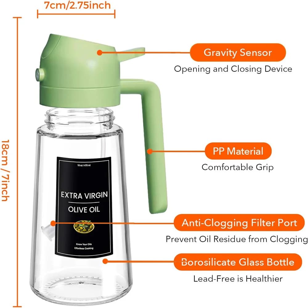 Distributeur d'huile 2 en 1, pulvérisateur d'huile pour la cuisson, distributeur d'huile 16oz/470ML pour la cuisine, bouteille distributrice d'huile d'olive avec autocollants