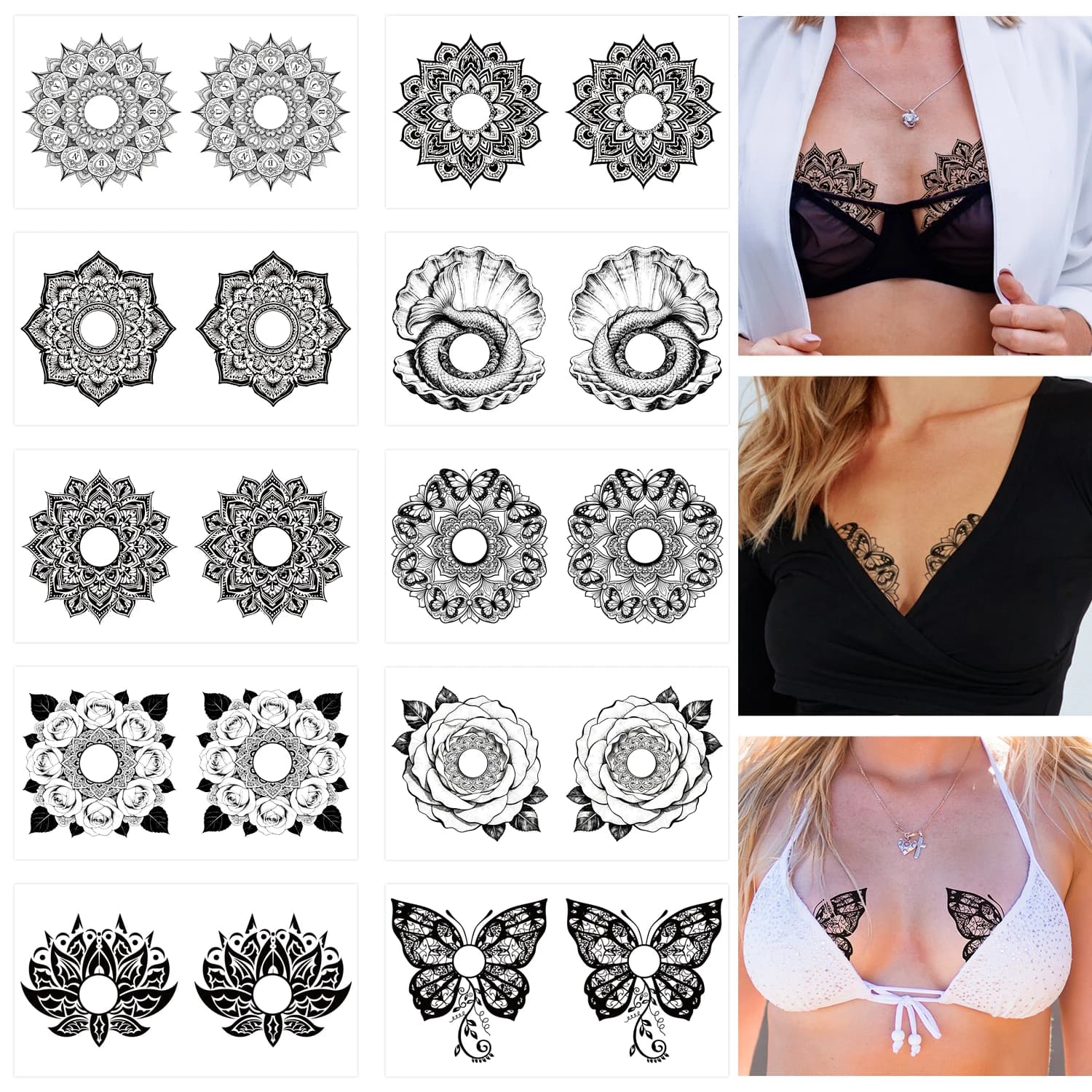 10 feuilles de tatouages sexy pour la poitrine pour adultes