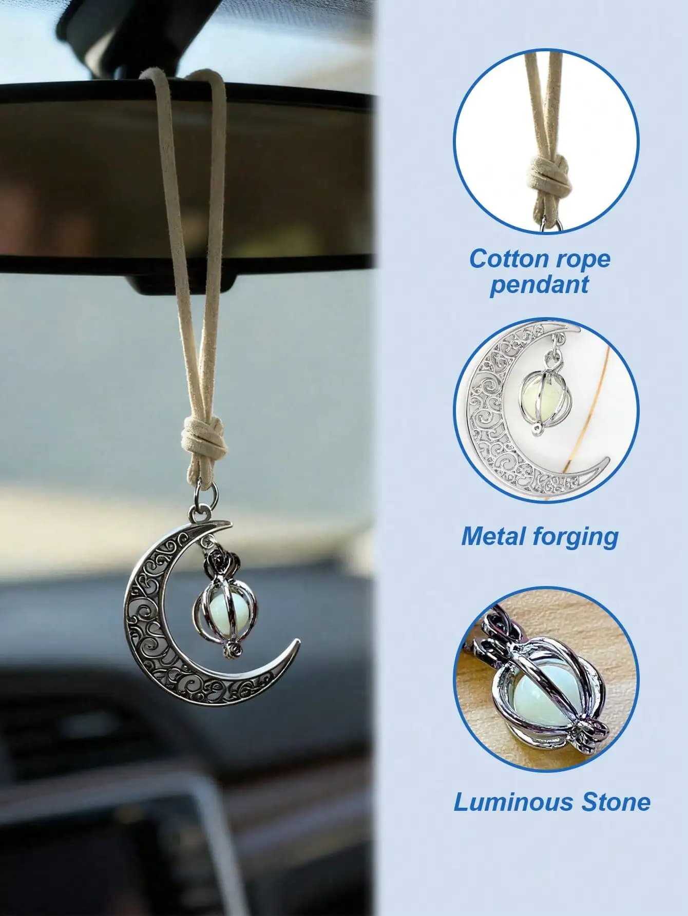 Ornement suspendu de voiture pendentif lune lumineuse – Design croissant creux, incrusté de pierre lumineuse, décor de rétroviseur élégant