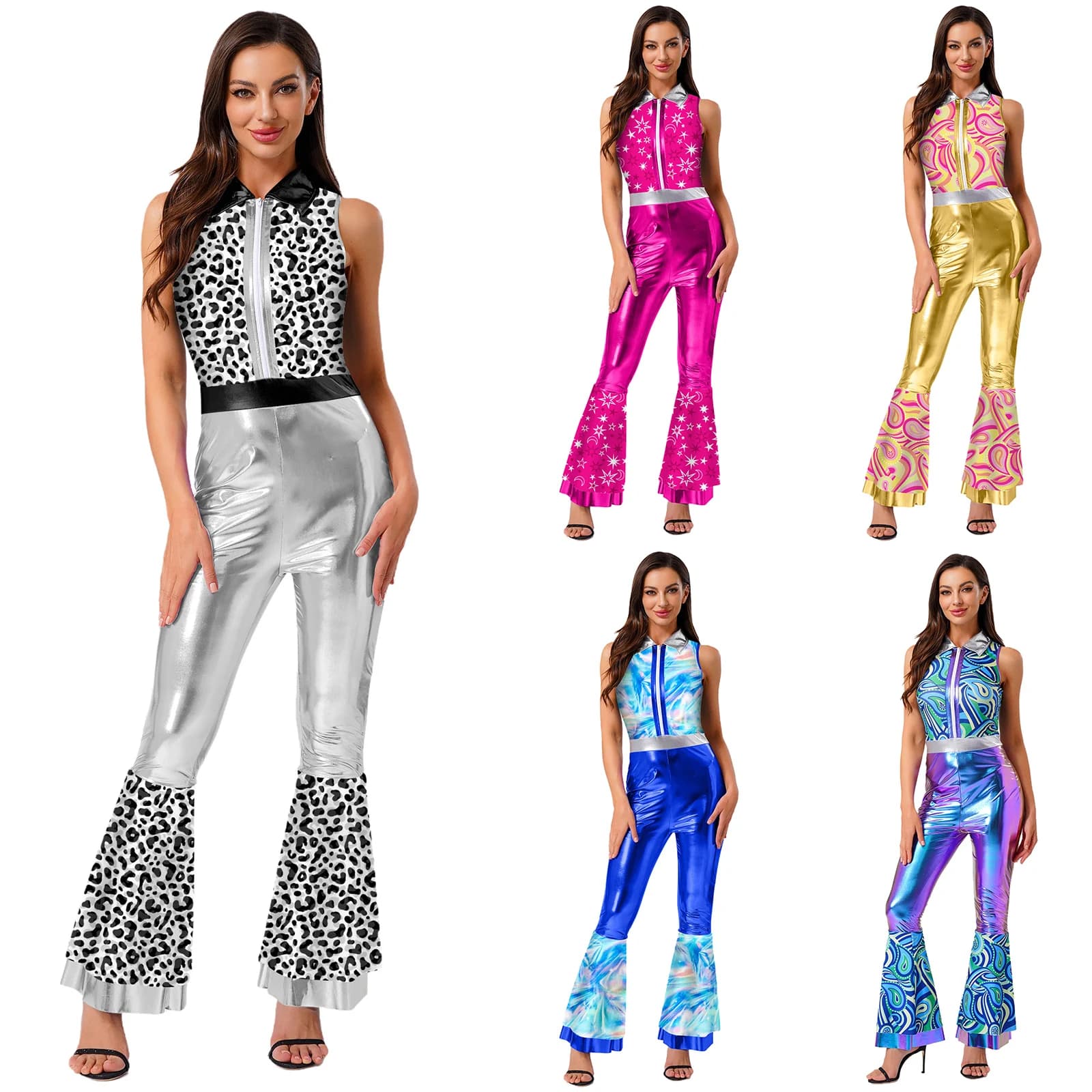Barboteuse de danse Disco pour femmes des années 70, imprimé Chic et Patchwork métallique brillant, sans manches, pantalon Long évasé à plusieurs niveaux, combinaison pour fête