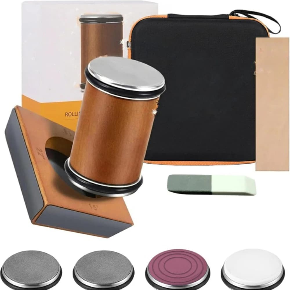 Kit d'affûtage de couteaux à roulettes - Base magnétique à 4 angles, 4 disques de différentes granulométries et étui en cuir