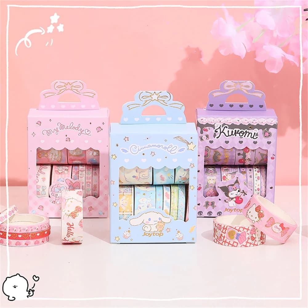 10 rouleaux/boîte Sanrio Hello Kitty Cinnamoroll, autocollants en ruban, autocollants mignons de dessins animés, autocollants à chaud pour carnet, jouets, cadeaux