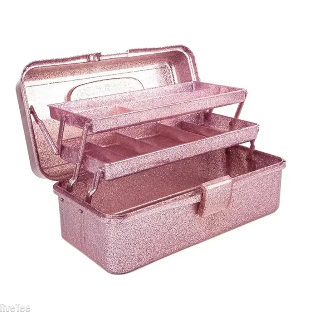 Boîte de rangement à main pliable à 3 couches, boîtes d'accessoires de cosmétiques de beauté à paillettes avec poignée, boîte à outils de maquillage de grande capacité pour usage domestique