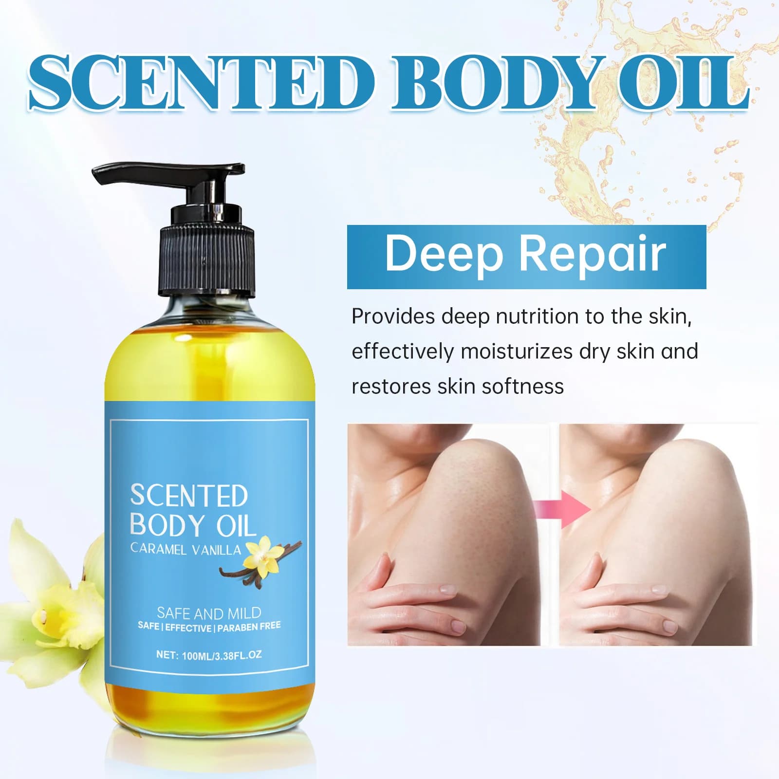 Huile de Massage corporel à la vanille, améliore l'hydratation, soulage le Stress, renforce, nourrissante, relaxante musculaire, huiles essentielles végétales de SPA