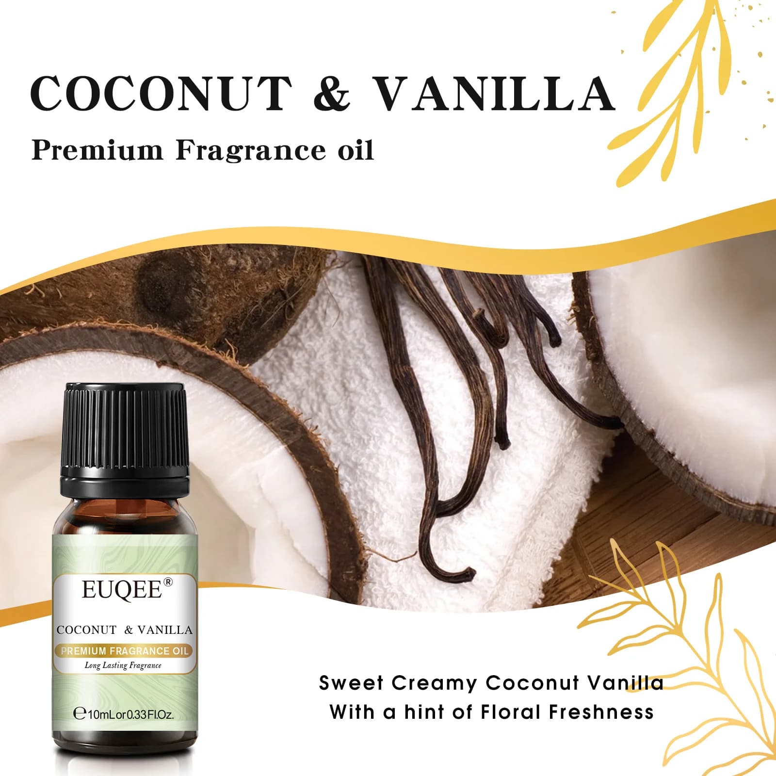 EUQEE 10ML noix de coco et vanille gomme à bulles huile parfumée café citrouille tarte bois de cèdre huiles aromatiques Premium pour la fabrication de bougies, savon de bricolage
