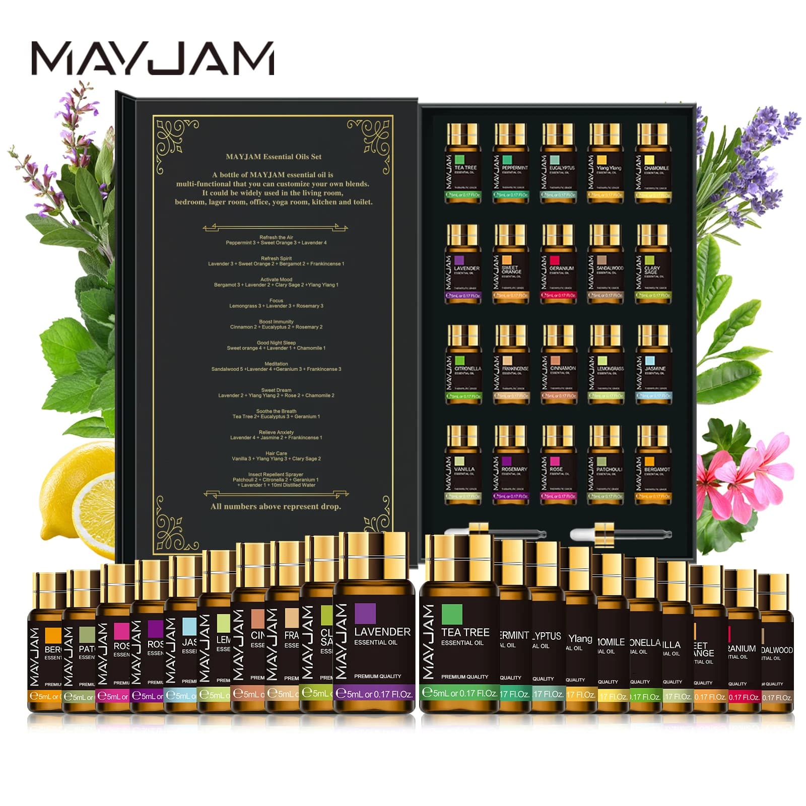 20 pièces Kits boîte-cadeau huile essentielle pour diffuseur pur naturel extrait de plante encens vanille citron menthe jasmin huile d'arbre à thé