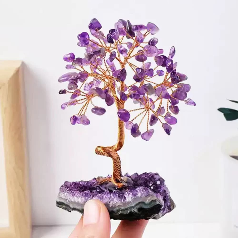 Arbre en grappe de cristal d'améthyste naturelle – Base en pierre concassée pour la décoration de la maison