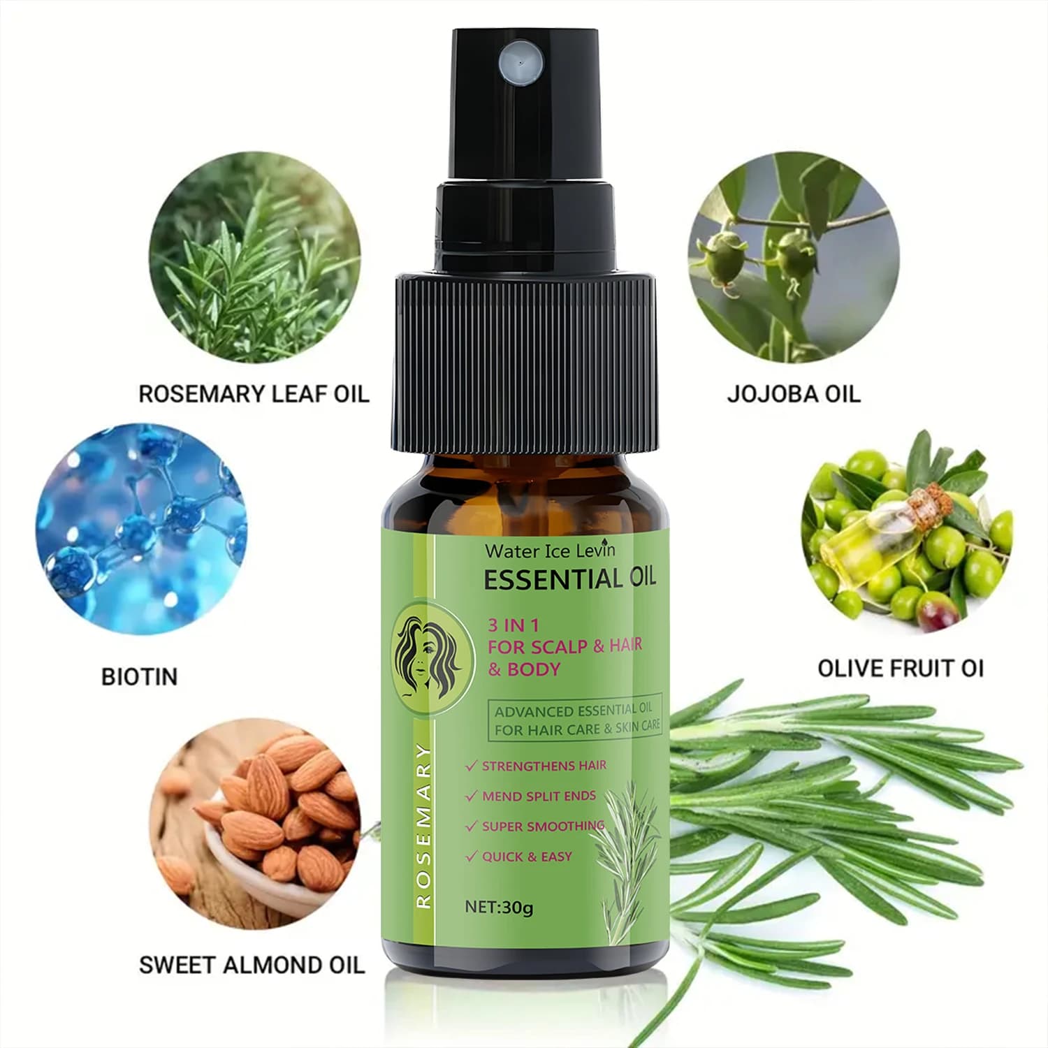 Huile Essentielle de Romarin 3 en 1 pour Cheveux et Cuir Chevelu - Renforce et Lisse, Anti-Frisottis, Nutrition Hivernale, Absorption Rapide