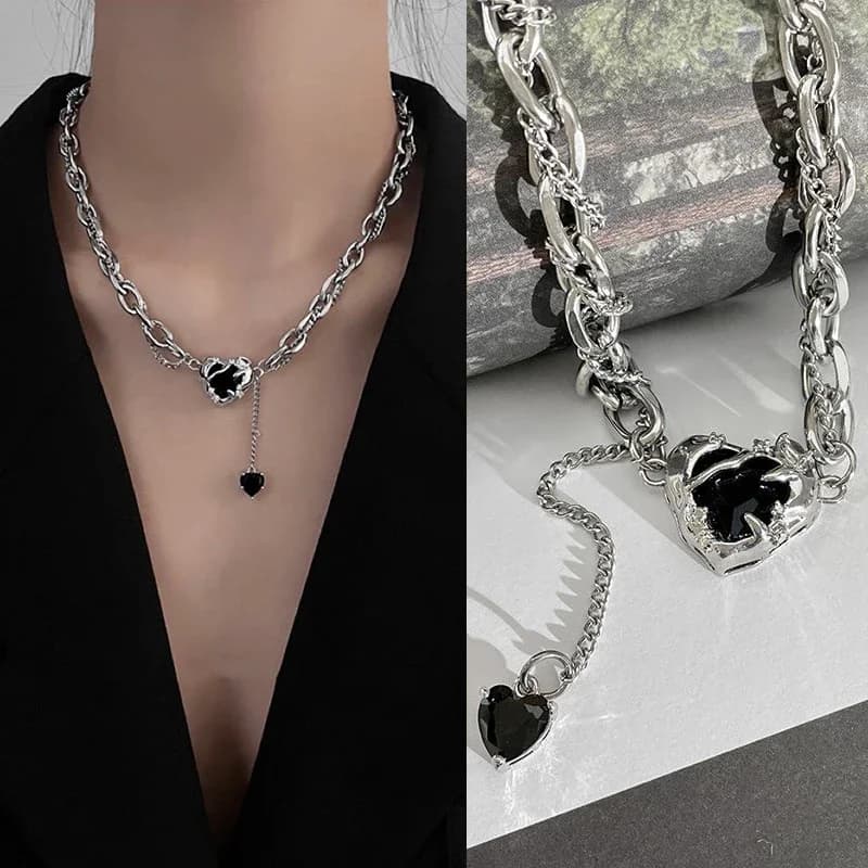 Hip Hop noir cristal amour coeur pendentif à breloques collier pour femmes Punk Rock longue chaîne glands collier ras du cou tendance bijoux