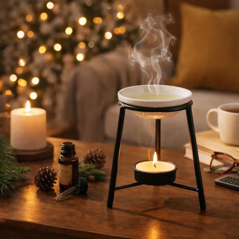 Brûleur d'aromathérapie en céramique avec base en fer ajourée, diffuseur d'huiles essentielles, support métallique romantique, chauffe-cire pour bougies, idéal pour le bureau