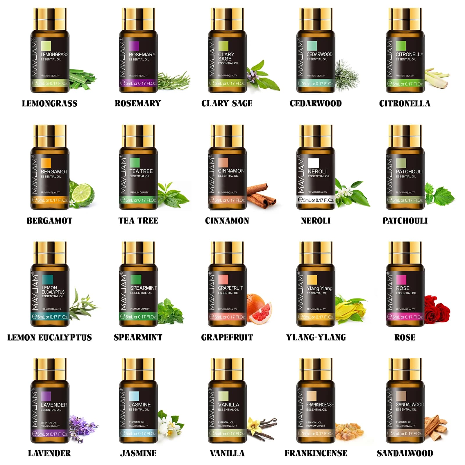 Kit d'huiles essentielles MAYJAM Lavande Vanille 20 flacons Huile d'aromathérapie Encens Patchouli Citronnelle Bois de Cèdre Cannelle Rose