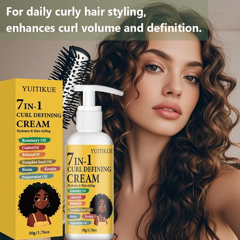 Crème définissante pour boucles YUITIKUE 7-en-1, crème coiffante hydratante pour cheveux bouclés avec huile de romarin et huile de ricin
