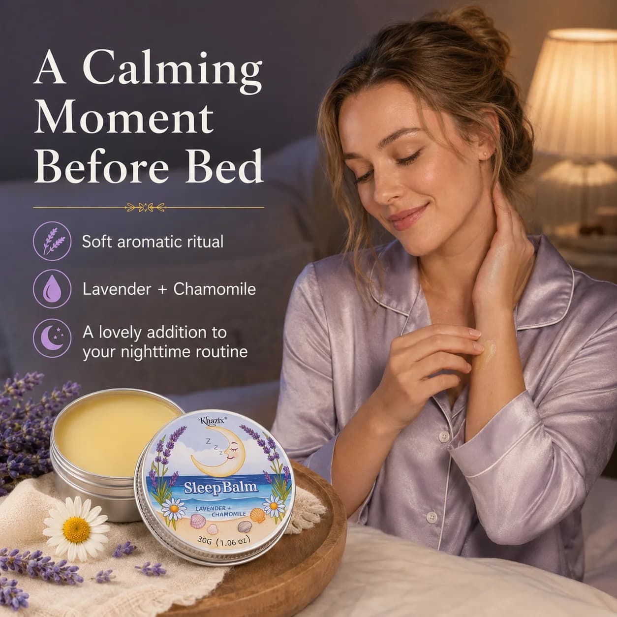 Baume de Nuit Apaisant 30g à la Lavande et à la Camomille – Arôme Relaxant, Doux pour la Peau, Format Voyage pour la Routine du Coucher