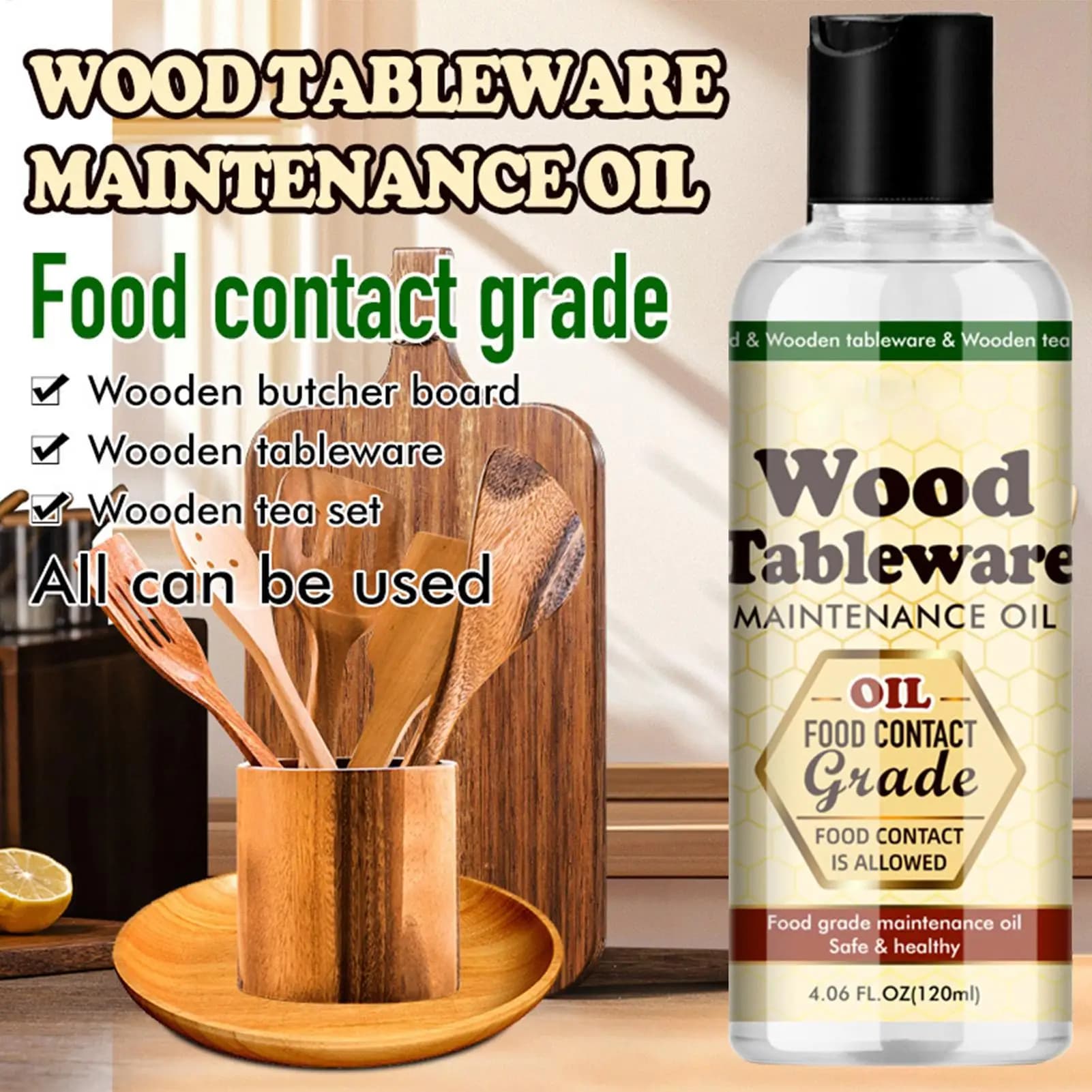 Huile d'entretien pour planches à découper en bois 120 ml, huile de conditionnement pour services à thé, huile de maintenance pour meubles en bois, sécurité accrue pour le bois