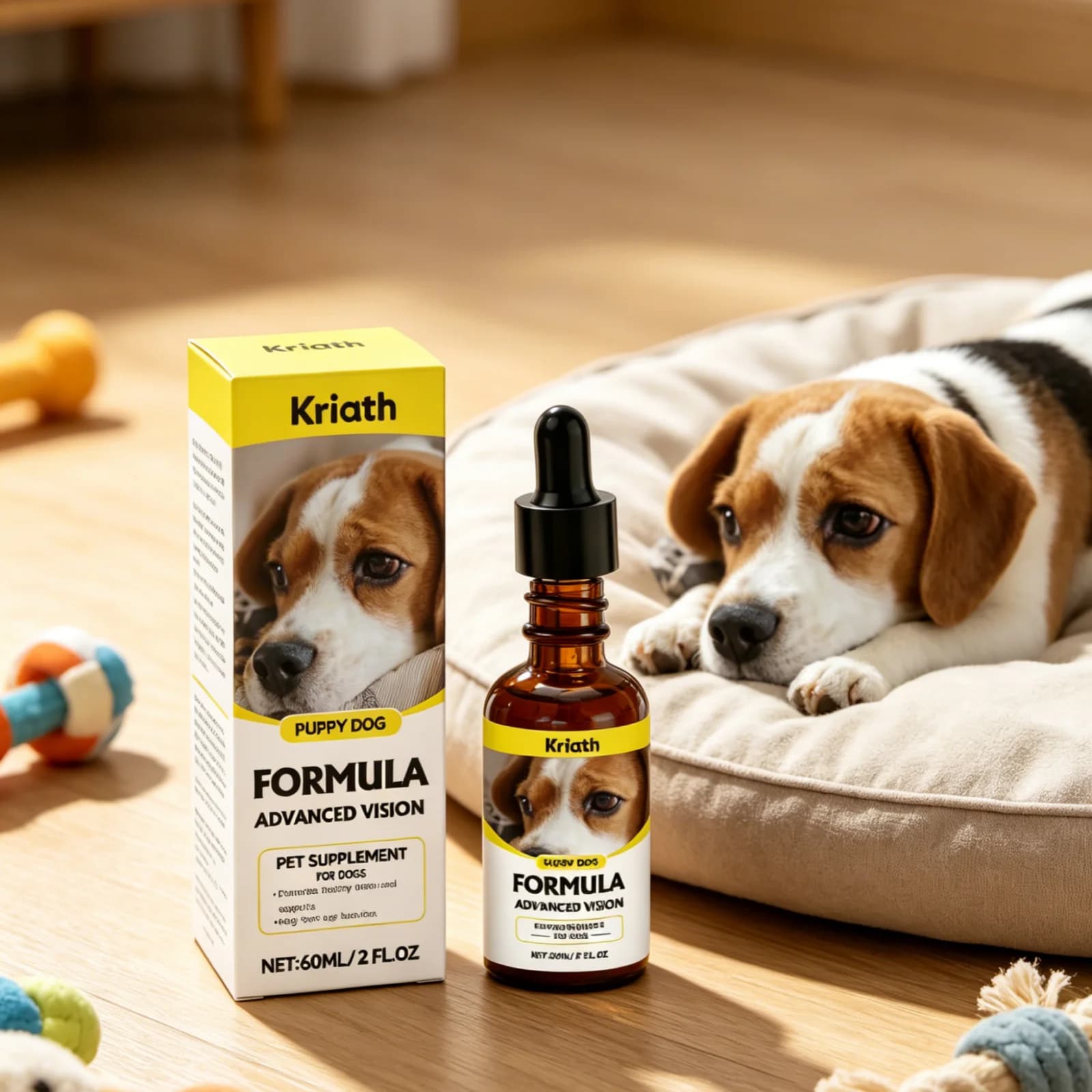 Compléments pour les yeux des chiens Kriath, protection des yeux canins, maintien de la santé, amélioration de l'absorption des nutriments, soutien de la vision des chiens, gouttes 60 ml