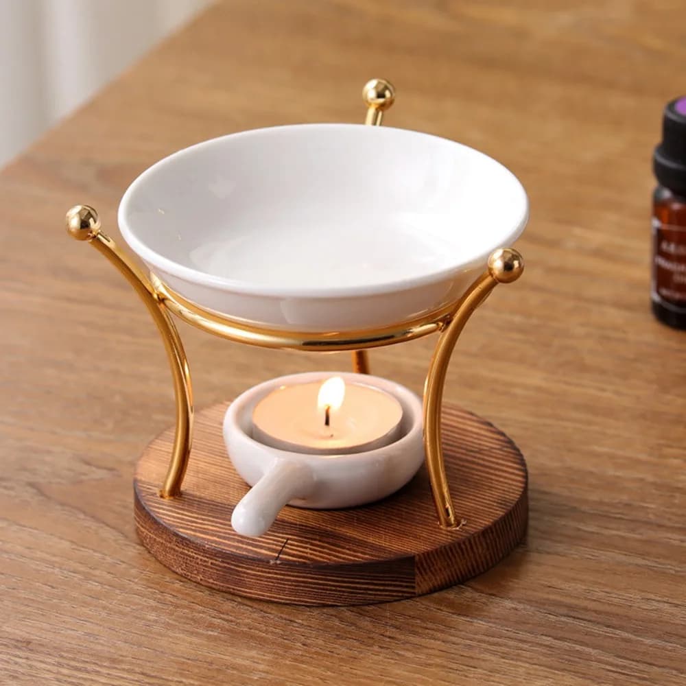 Brûleur d'huiles essentielles et chauffe-cire en métal et céramique avec base en bois pratique pour usage domestique
